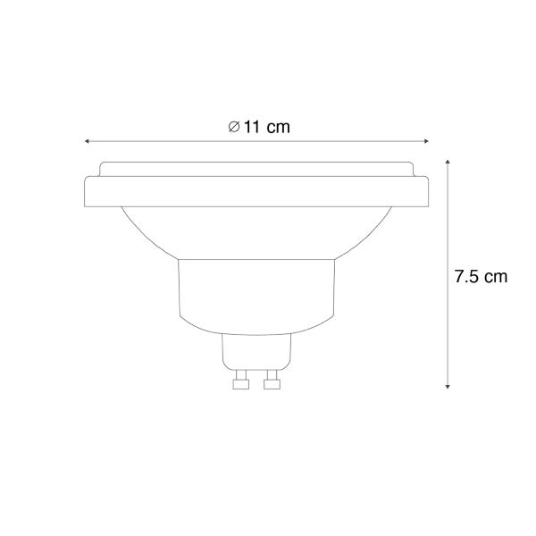 Technische Zeichnung eines Leuchtmittels mit einem Durchmesser von 11 Zentimetern und einer Höhe von 7,5 Zentimetern.