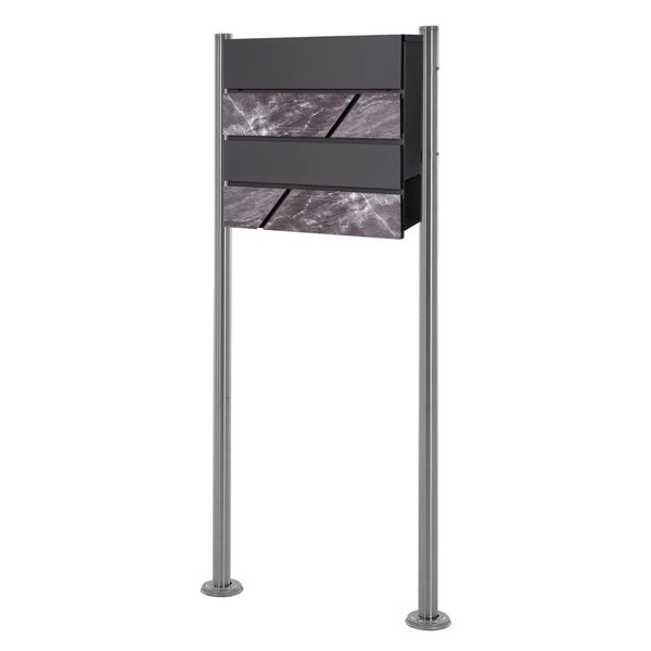 ECD Germany Standbriefkasten mit Zeitungsfach, Design Briefkasten mit Pfosten, Briefkastenanlage, Briefkastenständer Silber metallic 120 cm aus Edelstahl, Postkasten in Anthrazit-Marmoroptik aus Stahl