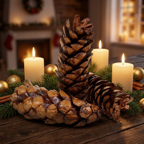 Weihnachtliche Tischdekoration mit brennenden Stumpenkerzen, Tannenzapfen, Tannenzweigen, Weihnachtskugeln und Zimtstangen auf rustikalem Holztisch.
