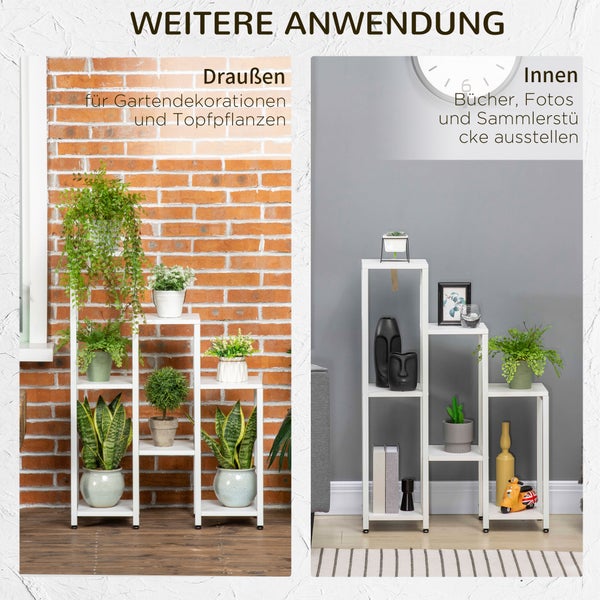 Weißes, mehrstufiges Regal für Pflanzen im Außenbereich und als Aufbewahrungsregal für Dekoration im Innenbereich.