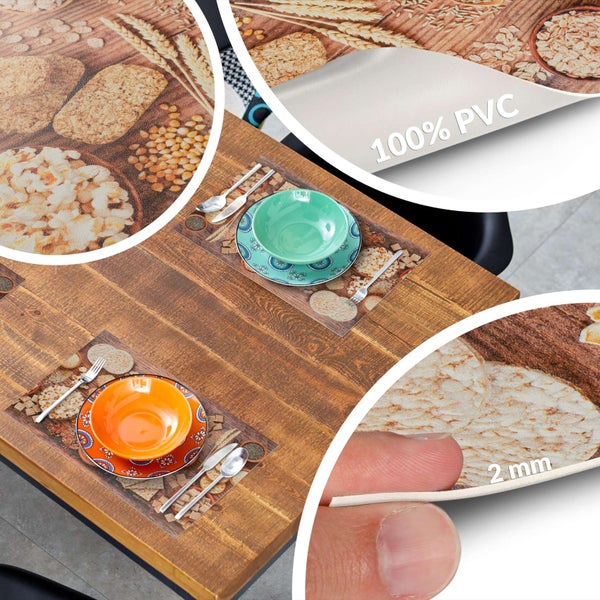 Platzset aus 100 Prozent PVC mit Getreidemotiv auf einem Holztisch, Materialdicke 2 Millimeter.