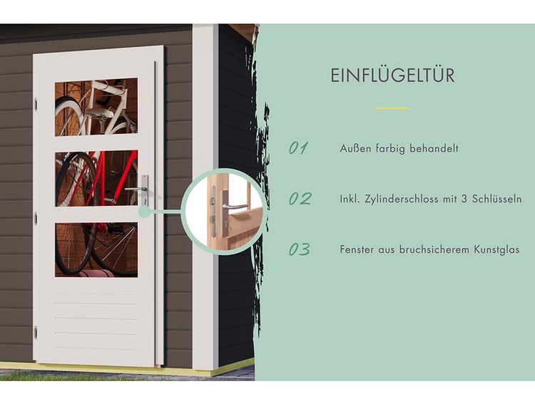 Einflügeltür für Gartenhaus mit behandelter Oberfläche, drei Fenstern aus bruchsicherem Kunstglas und Zylinderschloss inklusive drei Schlüsseln.