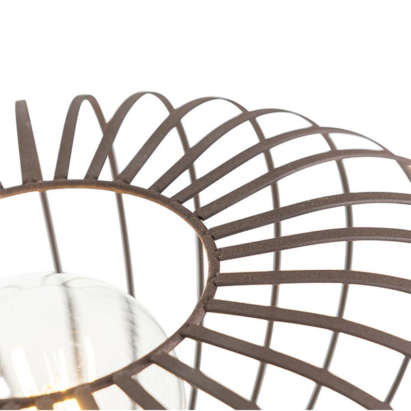 Nahaufnahme einer Lampe mit Metallgestell und klarer Glühbirne