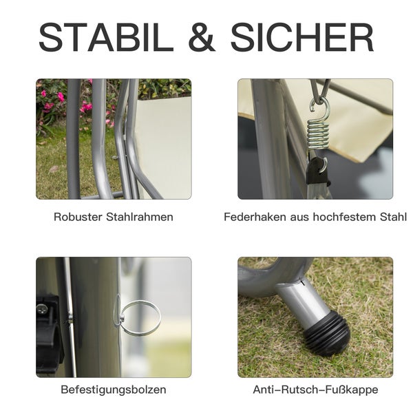 Outsunny 3-Sitzer Hollywoodschaukel, Gartenschaukel mit Sitz- und Rückenlehnen, 200 x 120 x 164 cm, Stahl, Polyestergewebe, Beige