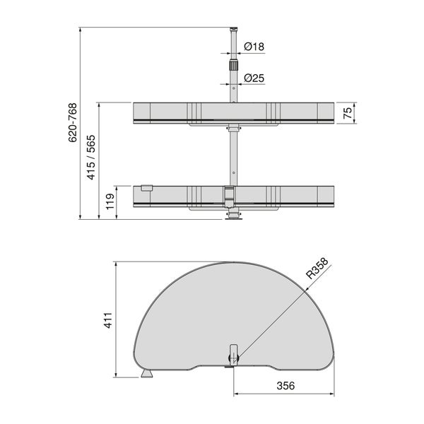 Technische Zeichnung mit Maßen für ein zweistöckiges Küchen-Eckschrankkarussell, inklusive Angaben zu Höhe, Breite und Radius.