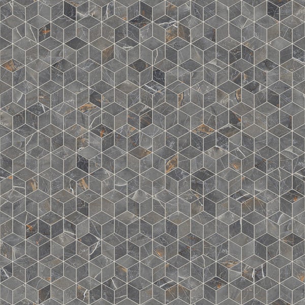 Mosaikfliese mit dreidimensionalem Würfel-Effekt aus Feinsteinzeug in Marmor-Optik Dunkelgrau.
