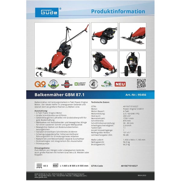 Produktinformationen für Güde Balkenmäher GBM 87.1 mit technischen Daten