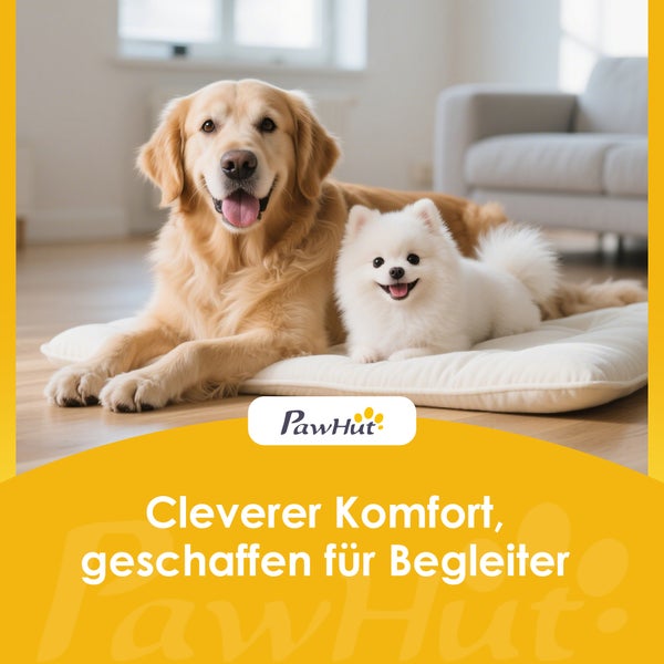 Ein Golden Retriever und ein kleiner Hund liegen auf einem gesteppten Haustierkissen in einem hellen Wohnzimmer. PawHut Logo.