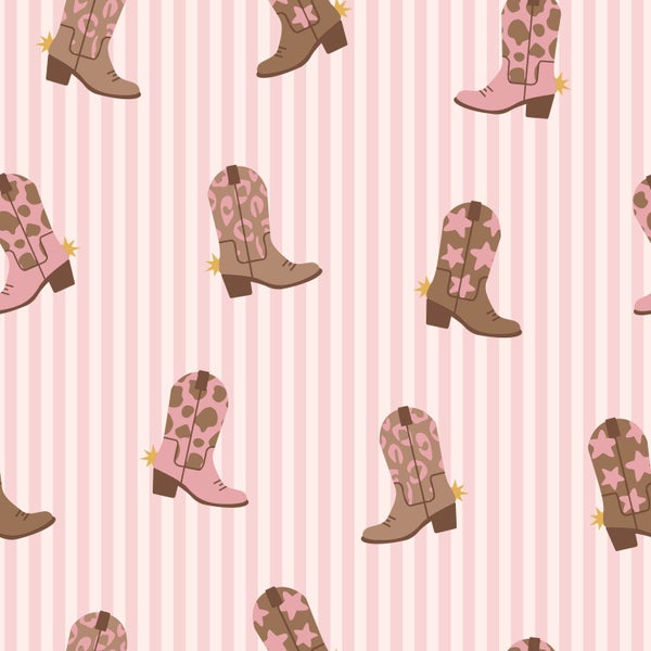 Nahtloses Muster mit verschiedenen Cowboystiefeln mit Stern-, Herz- und Leopardenmuster auf einem gestreiften Hintergrund.