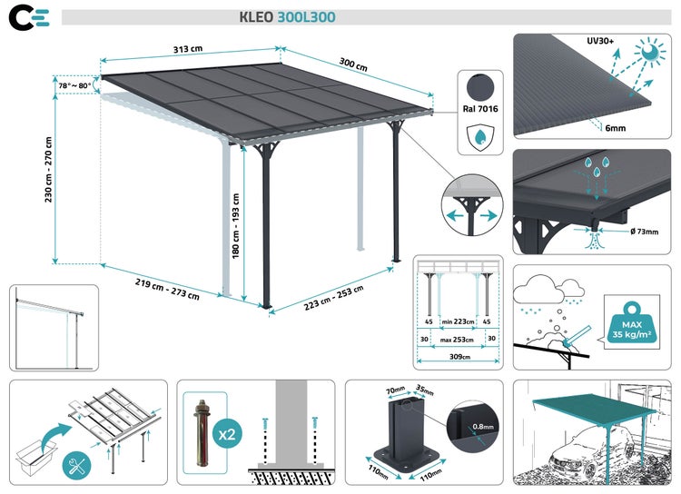 Terrassenüberdachung garten alu Grau KLEO - Höhe verstellbar 313x300x225/270 cm - mit Polycarbonat Dach Grau halbtransparent 6mm Auch Pergola/Carport