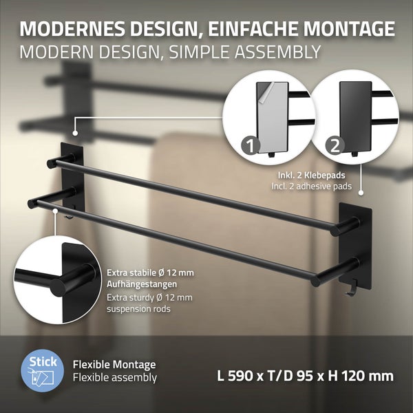ML-Design Handtuchhalter ohne Bohren 59 cm mit 2 Handtuchstangen, 2 Haken, Schwarz, Stahl, Wandmontage, Badetuchhalter Doppelt zum kleben für Bad&Küche, Modern Wandhalter selbstklebend für Handtücher