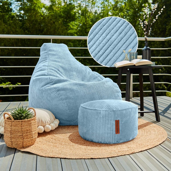 Green Bean Sitzsack mit Hocker aus Cord - Sitzsäcke für das Wohnzimmer, Schlafzimmer, Sitzsack-Sessel für Erwachsene Hellblau