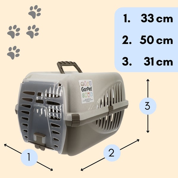 Graue Tiertransportbox mit den Maßen 33 cm x 50 cm x 31 cm.