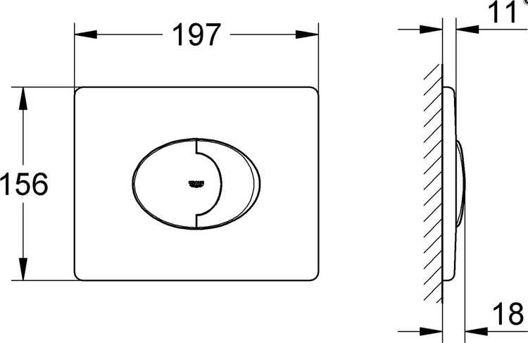 Maßzeichnung der Grohe Betätigungsplatte, Breite 197 Millimeter, Höhe 156 Millimeter.