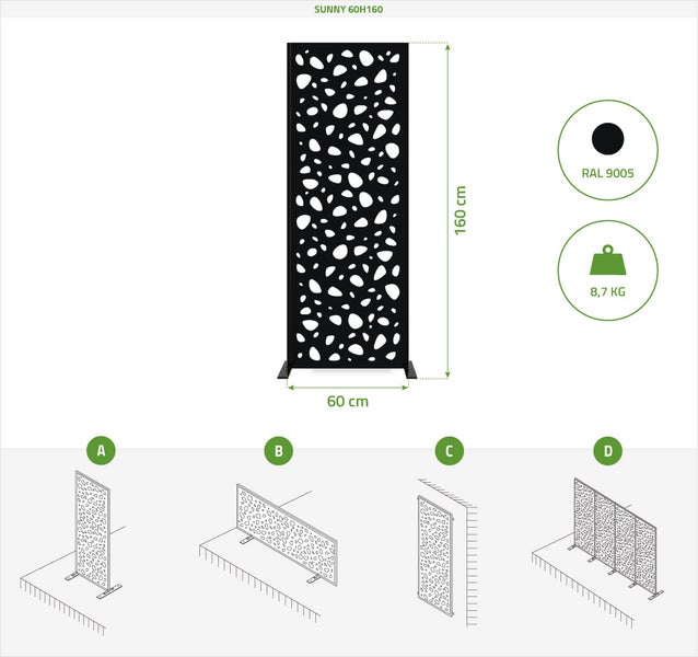 Set mit 2 dekorativen Paneelen SUNNY Schwarz H.160cm mit vollem Muster