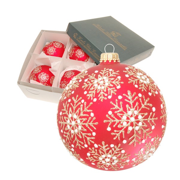 Rot matt 10cm Glaskugel mundgeblasen und hochwertig handdekoriert , 4 Stck., Weihnachtsbaumkugeln, Christbaumschmuck, Weihnachtsbaumanhänger