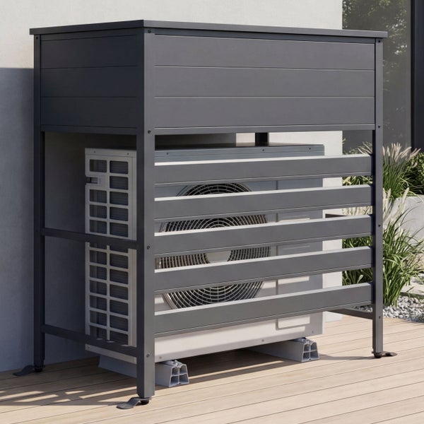 Geöffnete Gartenbox aus Metall in Anthrazit mit Gasdruckfeder und großem Innenraum.