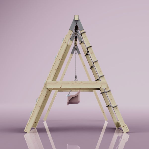 Kinderspielplatz aus Holz mit Schaukel, Kletterwand, Strickleiter und Kletterseil.