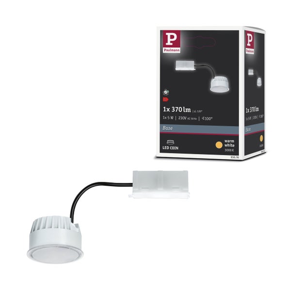 Paulmann LED Coin Einbauleuchte, 5 Watt, 370 Lumen, warmweiße Lichtfarbe 3000 Kelvin, inklusive Anschlussbox, verpackt im Karton.