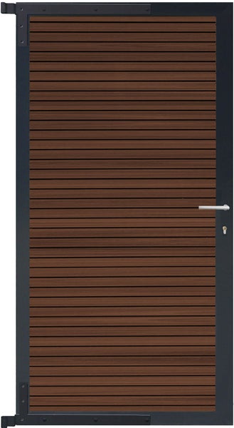 Gartentür mit horizontalen Lamellen aus Holz und Metallrahmen