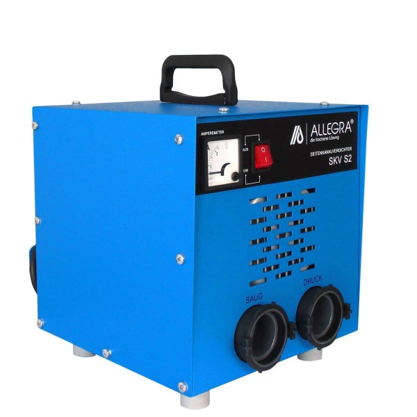 Allegra Seitenkanalverdichter SKV S2 in blauem Gehäuse mit Tragegriff und Anzeigeinstrument