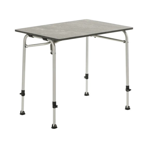 Klappbarer Campingtisch mit höhenverstellbaren Aluminiumbeinen und einer Tischplatte in Steinoptik.