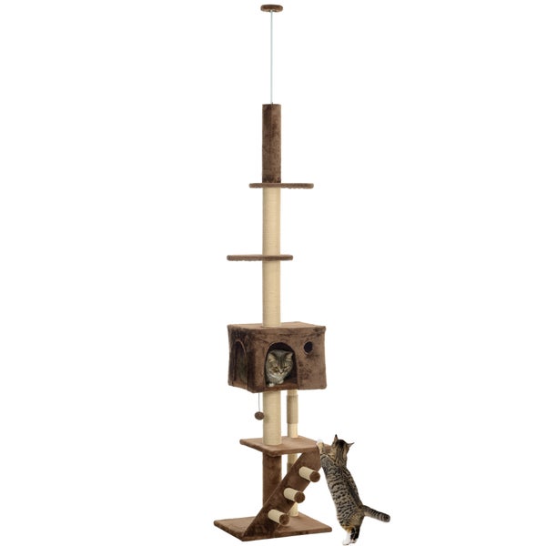 PawHut Kratzbaum Deckenhoch, Katzenbaum, 225-265 cm Katzenkratzbaum mit Katzenhöhle, Kratzstämmen, Spielball, Katzenmöbel mit Kippschutz, Braun