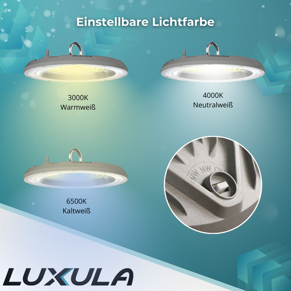 LUXULA LED HighBay UFO Hallenstrahler Grau 150W 15000lm CCT 3000-6500K Warm Neutral Kaltweiß IP65 Hallenleuchte