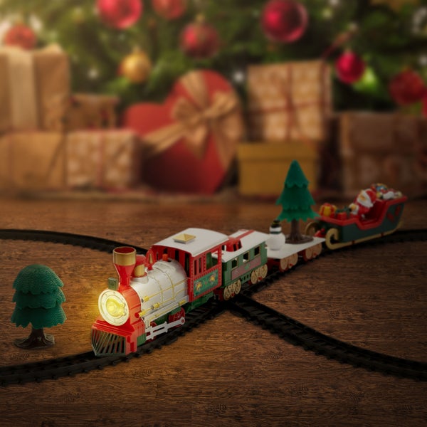 ECD Germany Weihnachtszug Set 22 Teile Batteriebetrieben mit Lokomotive, 3 Waggons, Schienen, Licht, Sound, Eisenbahn für Weihnachtsbaum, Weihnachtsbahngleise unter dem Baum, Spielzeug Kinder Geschenk