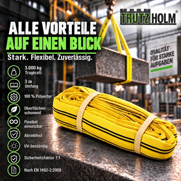 Trutz Holm Hebeband mit 3000 Kilogramm Tragkraft und 3 Meter Umfang aus Polyester für industrielle Hebearbeiten mit technischer Übersicht.