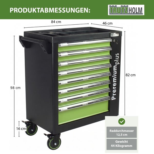 TrutzHolm Werkstattwagen Premium plus mit sieben Schubladen und Maßangaben für Werkstatt und Garage