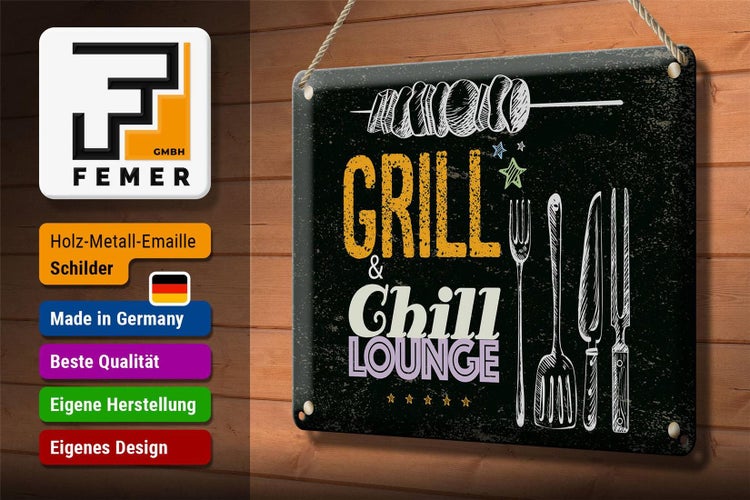 Blechschild Spruch Grill & Chill Fleisch Grillen 30x20cm