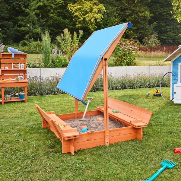 Home Deluxe - Sandkasten BUDDELKISTE - Mit verstellbarem Dach und Bodenplane - Maße: 110 x 110 x 110 cm - inkl. komplettem Montagematerial I Sandspielkasten Holzsandkasten Sandspielzeug
