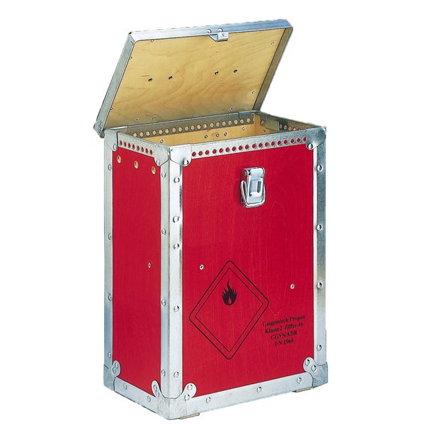 Rote Transportkiste aus Holz für Propangasflaschen mit Metallkanten, Belüftungslöchern und Sicherheitsverschluss.