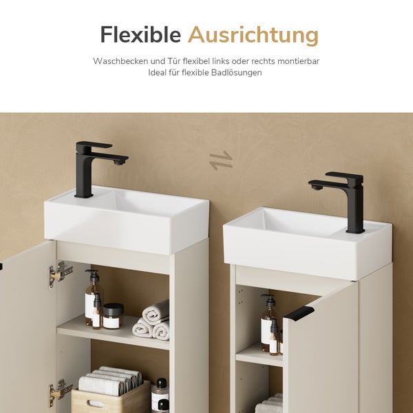 Waschtisch mit Unterschrank und flexibel montierbarem Waschbecken sowie Tür für links oder rechts