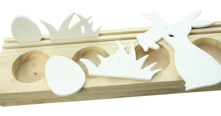 FRANK FLECHTWAREN | Teelichthalter Osterwiese, 6tlg., HOLZ, PORZELLAN, 28 x 8 x 12 cm