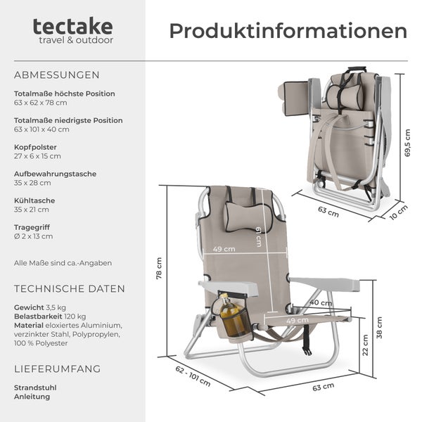 Produktinformationen und Abmessungen des Tectake Strandstuhls
