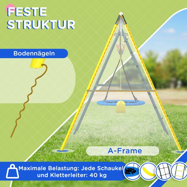 Outsunny Kinderschaukel-Set, 4 in 1 Schaukelgerüst Schaukelgestell mit 2 Schaukeln, Basketballkorb, Kletterleiter, Gartenschaukel für 3-8 Jahre Kinder, Stahl, Gelb