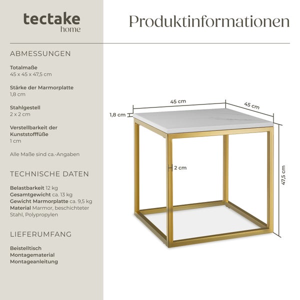 Marmor-Beistelltisch tectake Alysia mit höhenverstellbaren Kunststofffüßen quadratisch gold/weiß