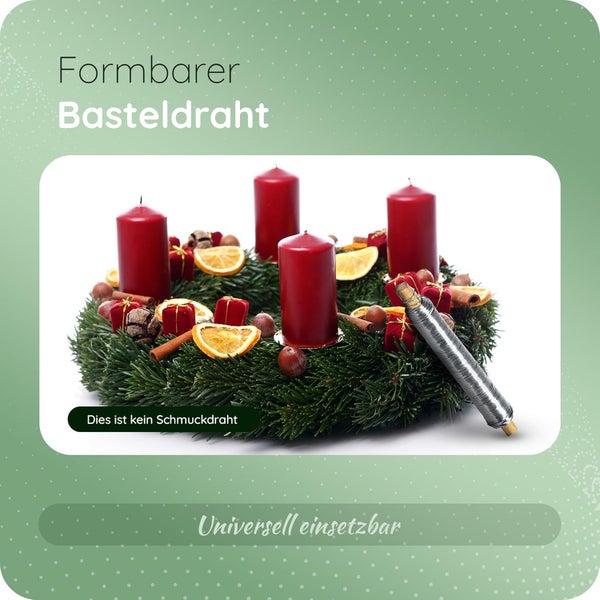 Formbarer Basteldraht auf einem dekorierten Adventskranz mit roten Kerzen.