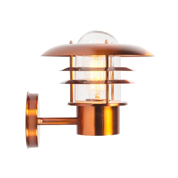 Außenwandleuchte aus Kupfer mit Glaseinsatz und sichtbarem Leuchtmittel im modernen Design.