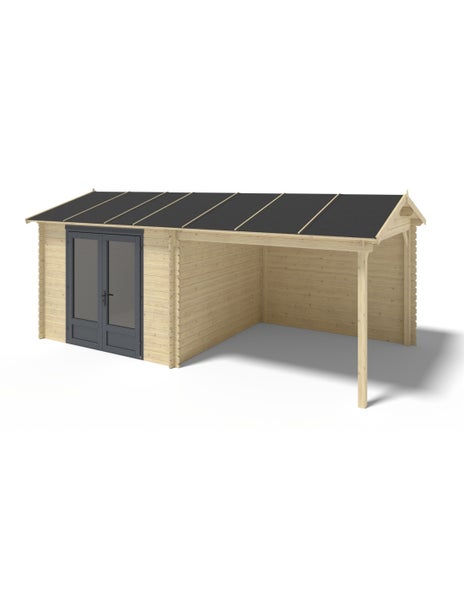 Gartenhaus aus Holz mit einer Doppeltür mit Glasausschnitt und einem integrierten überdachten Außenbereich.