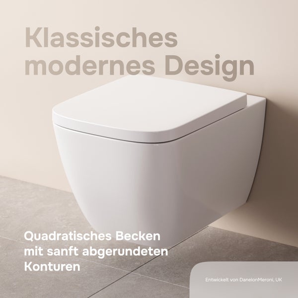 Wandhänge WC mit quadratischem Becken und abgerundeten Ecken in modernem Design.