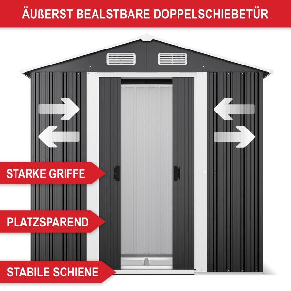 Gerätehaus aus Metall mit hochbelastbarer Doppelschiebetür, stabilen Griffen und platzsparender Konstruktion auf einer stabilen Schiene.