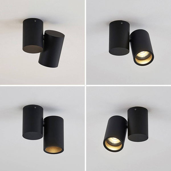 Vier Ansichten einer schwarzen Doppel-Deckenleuchte mit zylindrischen Lampenschirmen
