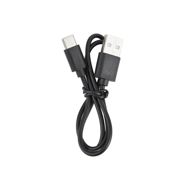 Schwarzes USB-Ladekabel mit einem USB-Typ-A-Stecker und einem USB-Typ-C-Stecker.