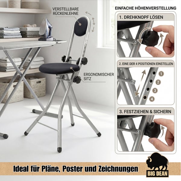 Bügelhilfe mit verstellbarer Rückenlehne und ergonomischem Sitz inklusive Anleitung zur vierstufigen Höhenverstellung und Big Dean Logo.