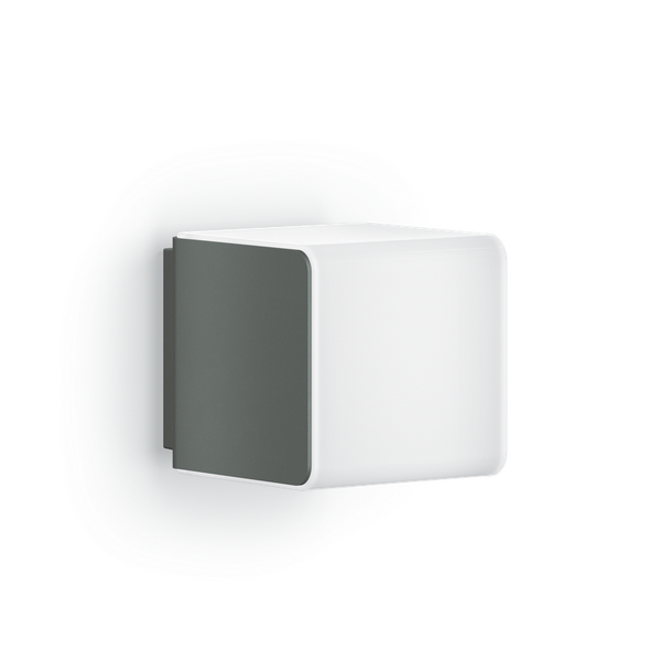 Quadratische Außenwandleuchte in Würfelform, Gehäuse in Anthrazit mit weißem Diffusor.