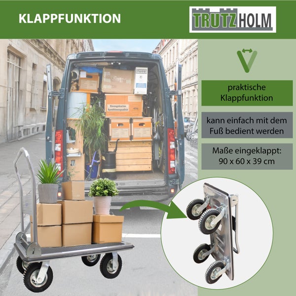 Tragkarre mit Kartons vor einem Lieferwagen mit Klappfunktion und den Maßen 90 x 60 x 39 cm