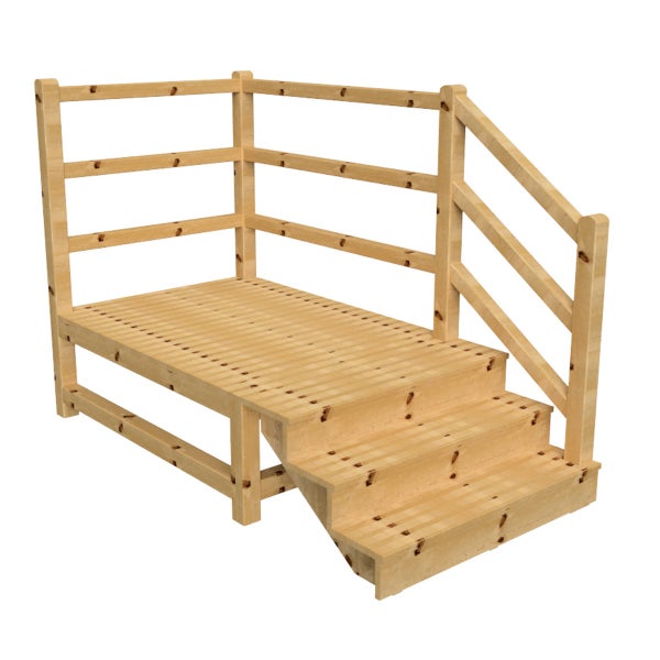Holzterrasse mit Geländer und Treppe
